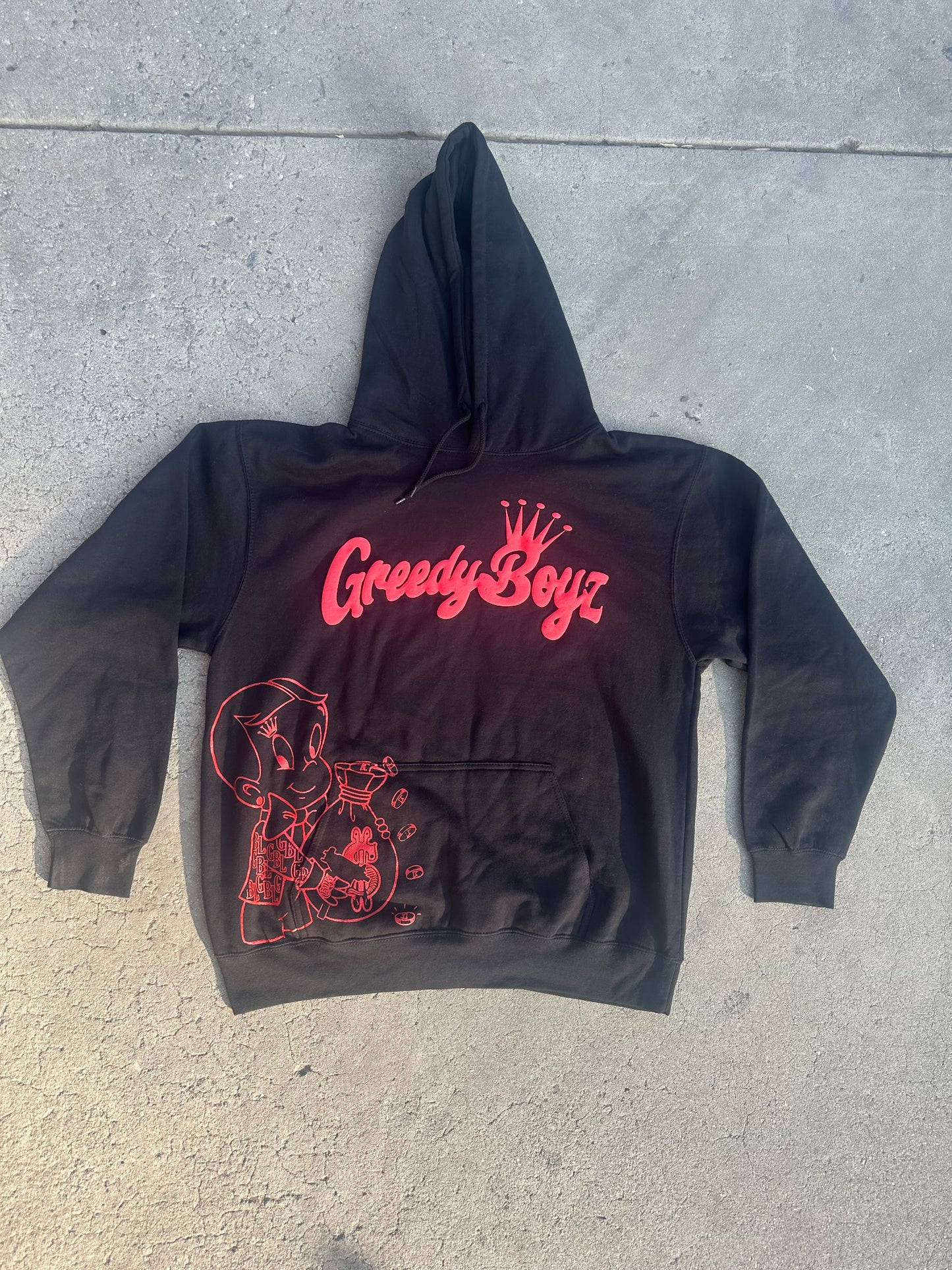 GreedyBoyz red and black puff print hoodie