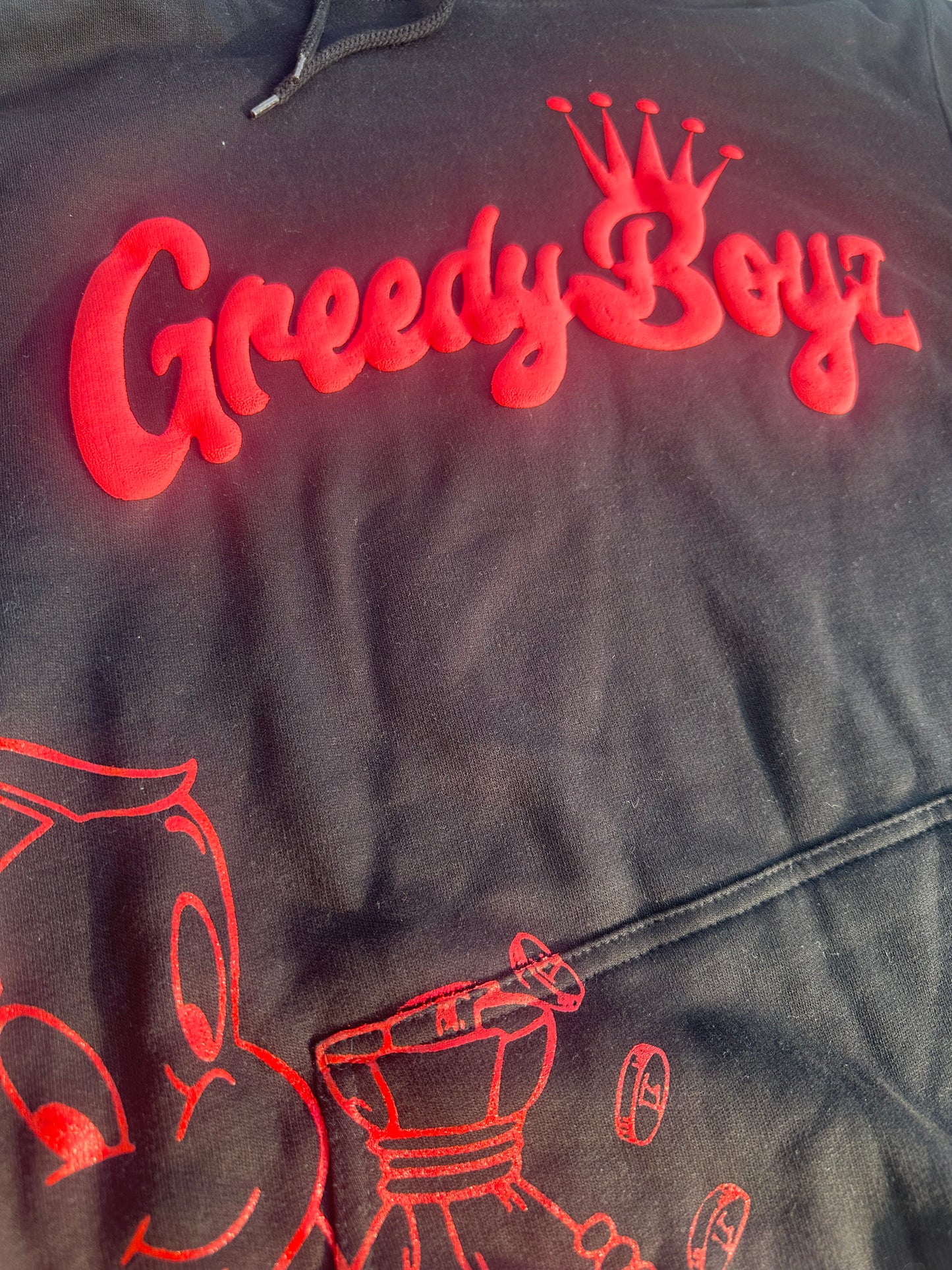 GreedyBoyz red and black puff print hoodie